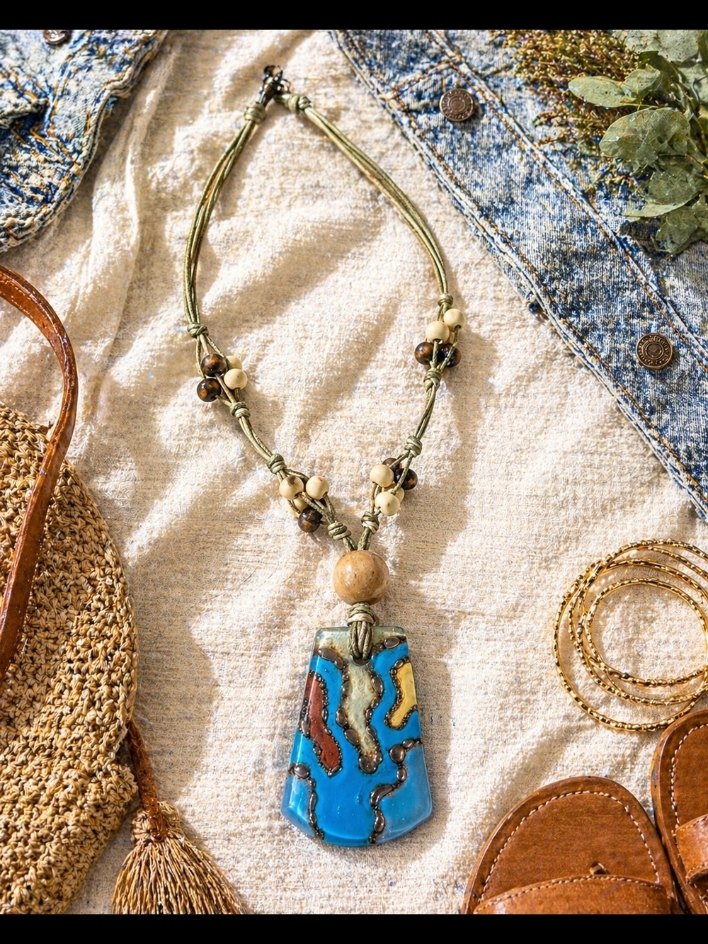 Boho Glass Pendant Necklace Turquoise Wood Bead